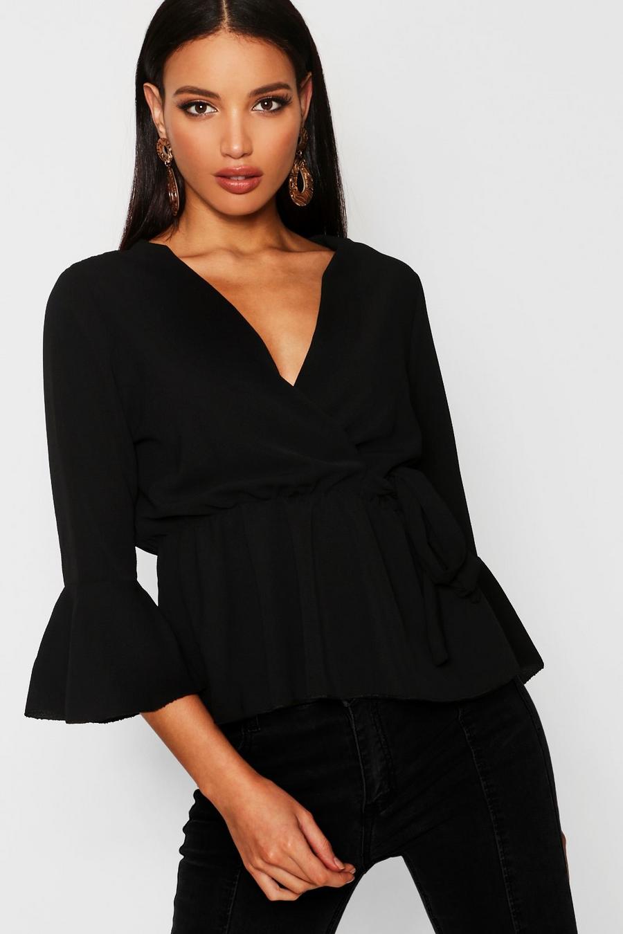 Black Wrap Over Tie Blouse image number 1