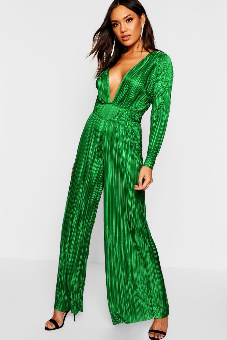 Emerald Plisse Pleated Long Sleeve Jumpsuit image number 1