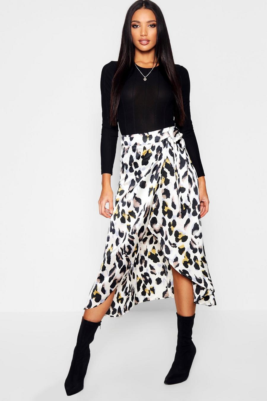 Leopard Print Satin Wrap Midaxi Skirt | boohoo