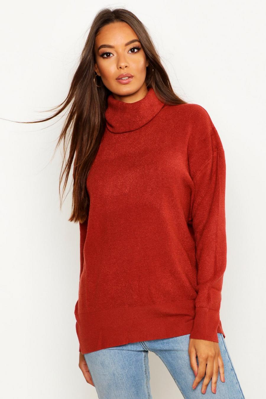 Rust Turtleneck Knitted Oversized Sweater image number 1