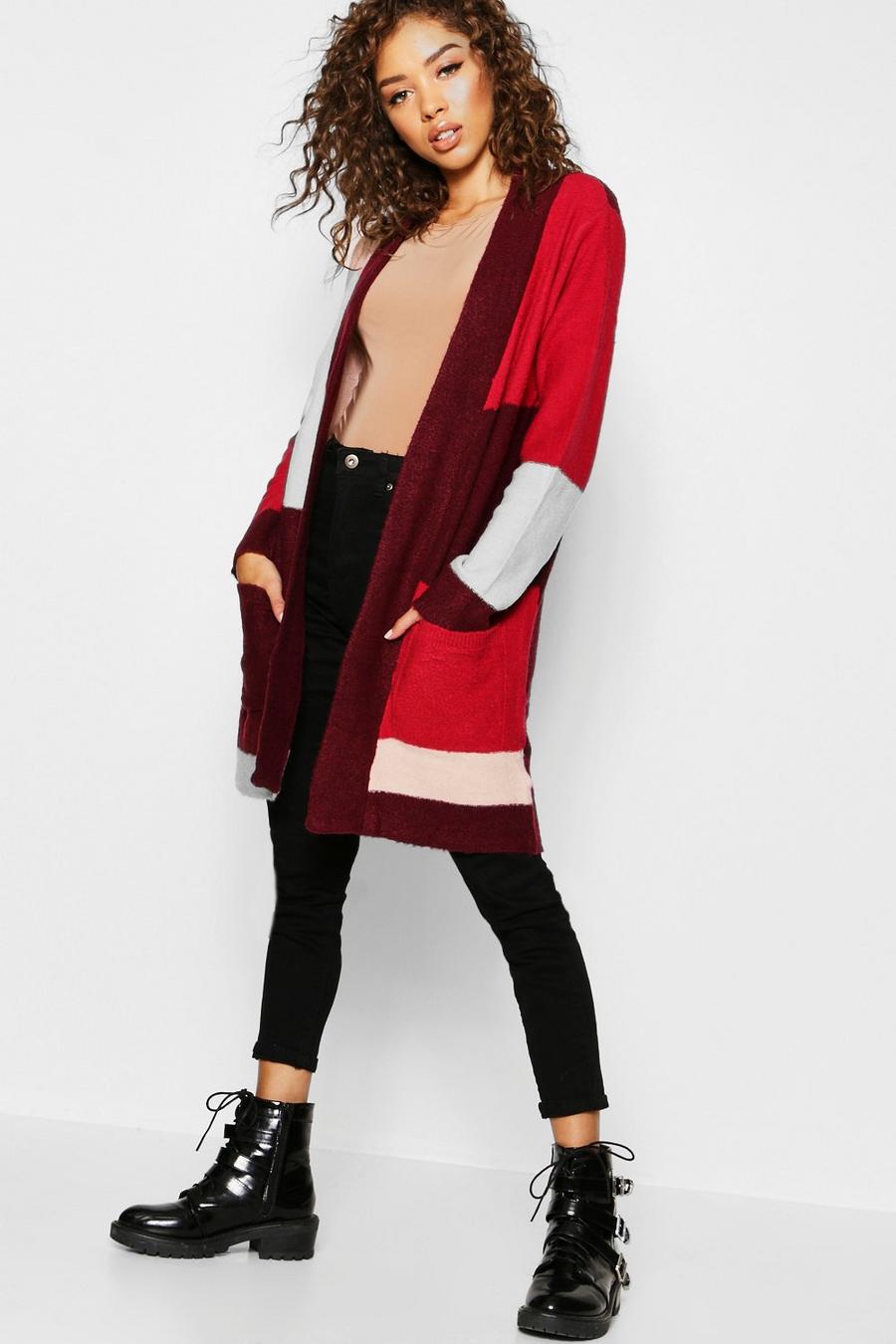 Magenta Colour Block Cardigan With Pockets image number 1