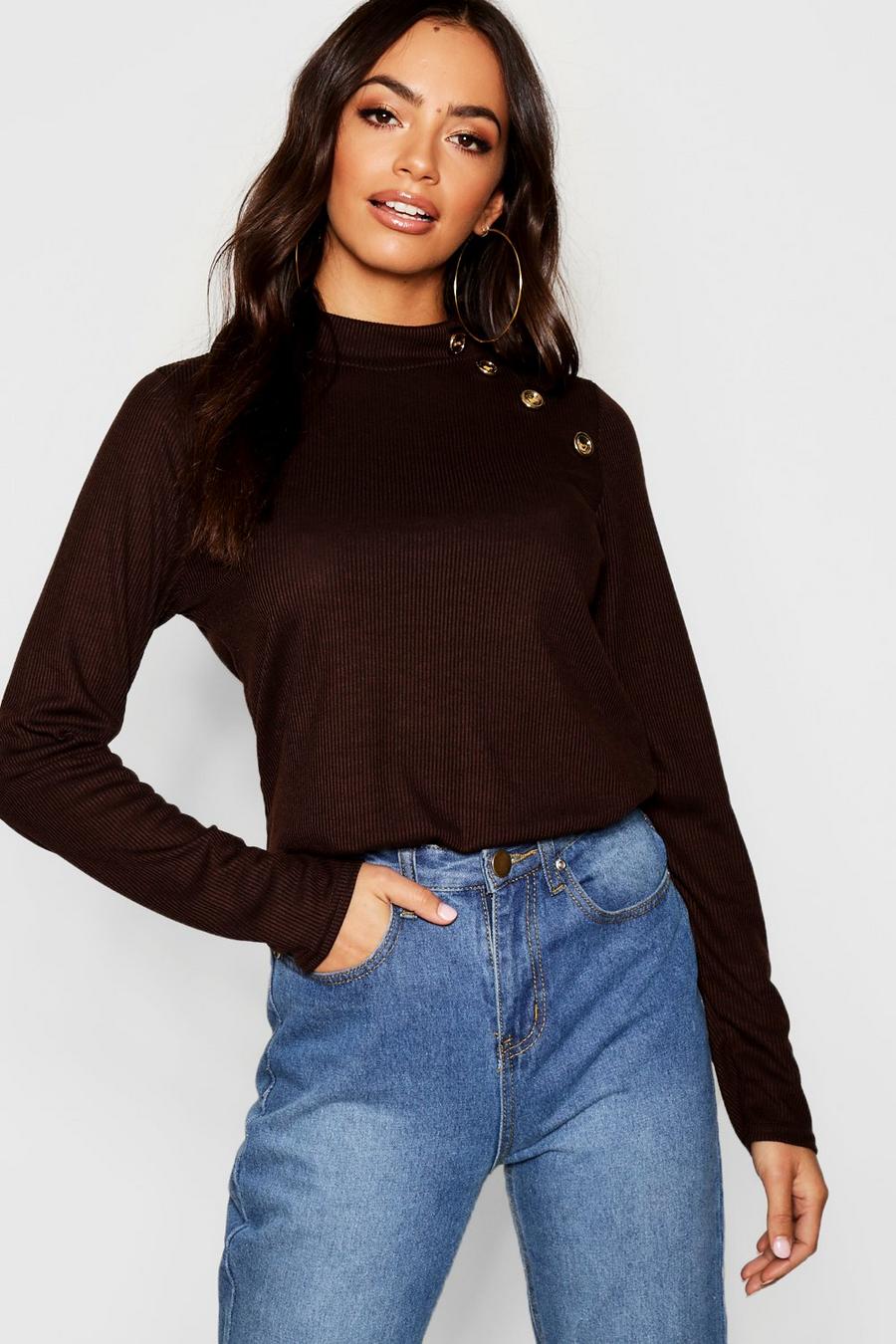 Chocolate Gold Button Turtle Neck Top image number 1