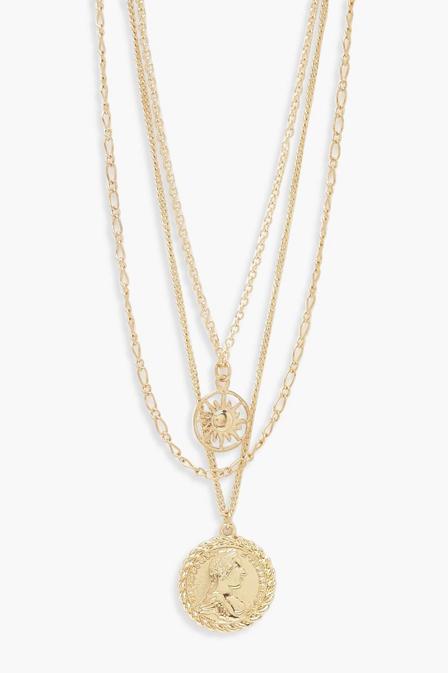 Mehrlagige Halskette mit Münze und Kette, Gold image number 1