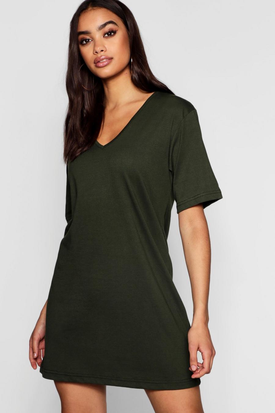 Khaki Cotton Oversized V-Neck T-Shirt Dress image number 1