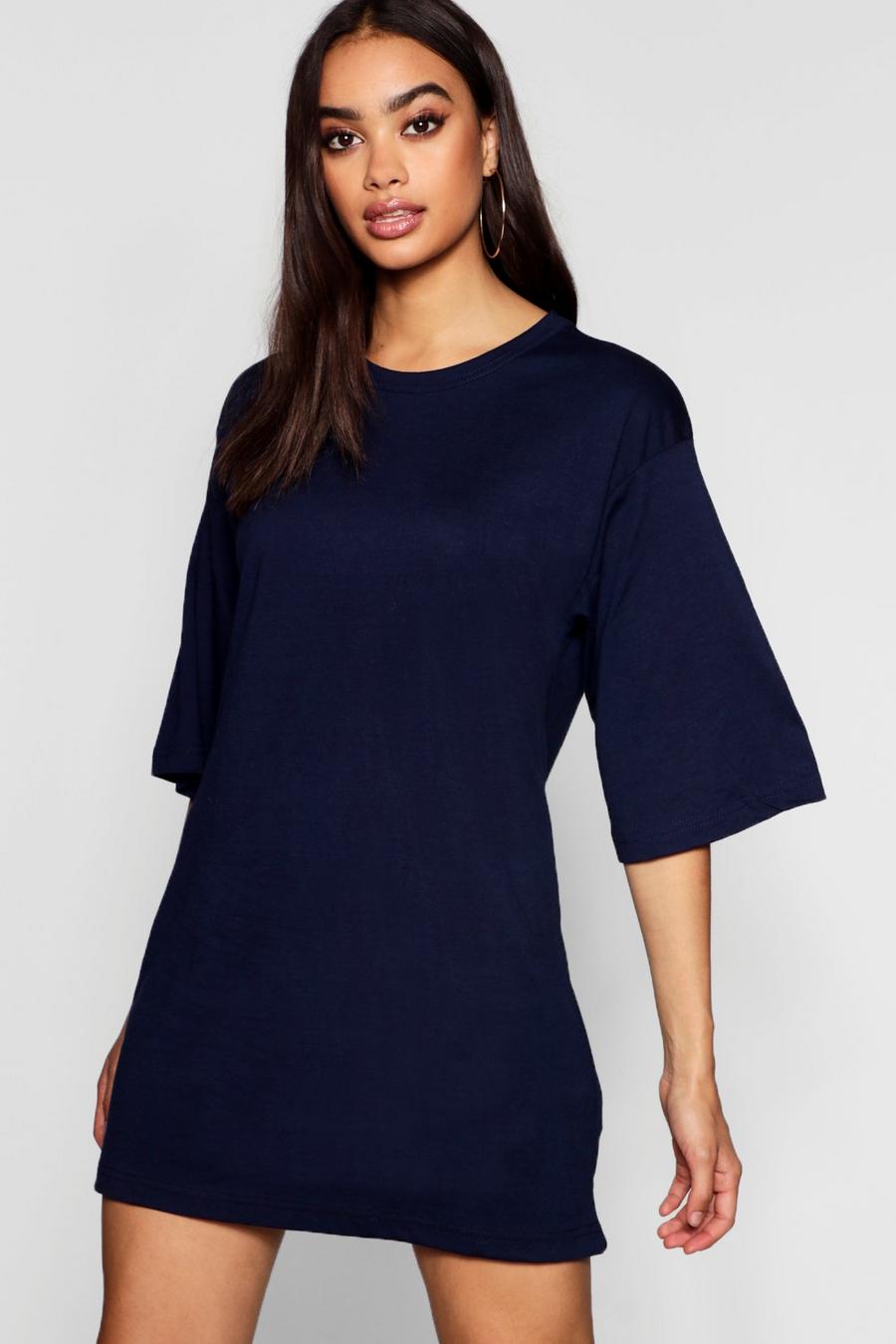 Vestido ancho de algodón estilo camiseta con manga 3/4, Azul marino image number 1