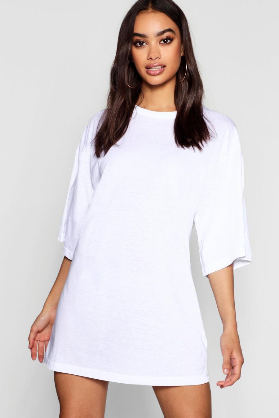 White Oversize t-shirtklänning i bomull med trekvartsärm image number 1