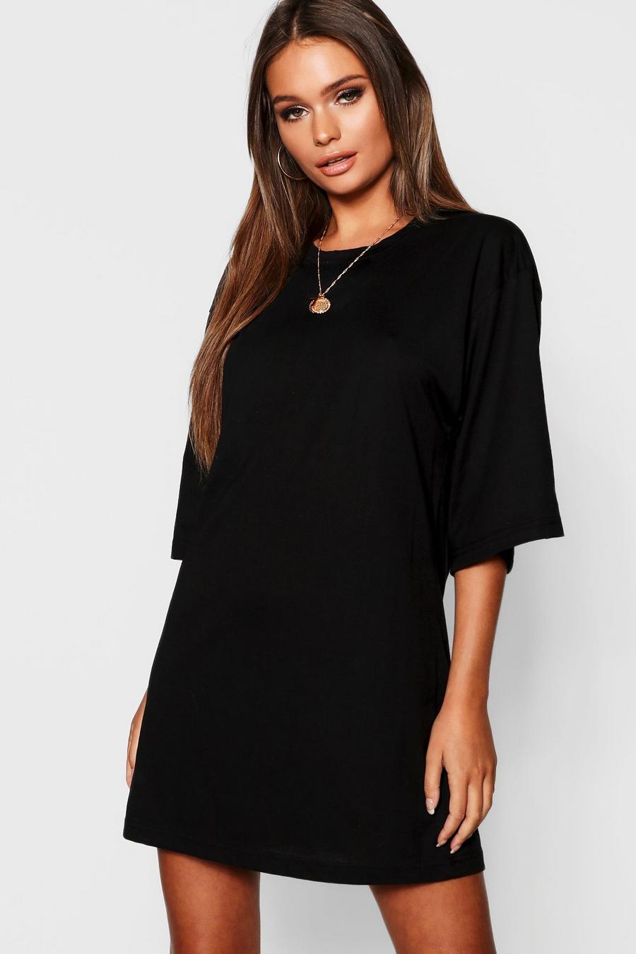 Black Oversize t-shirtklänning i bomull med trekvartsärm image number 1
