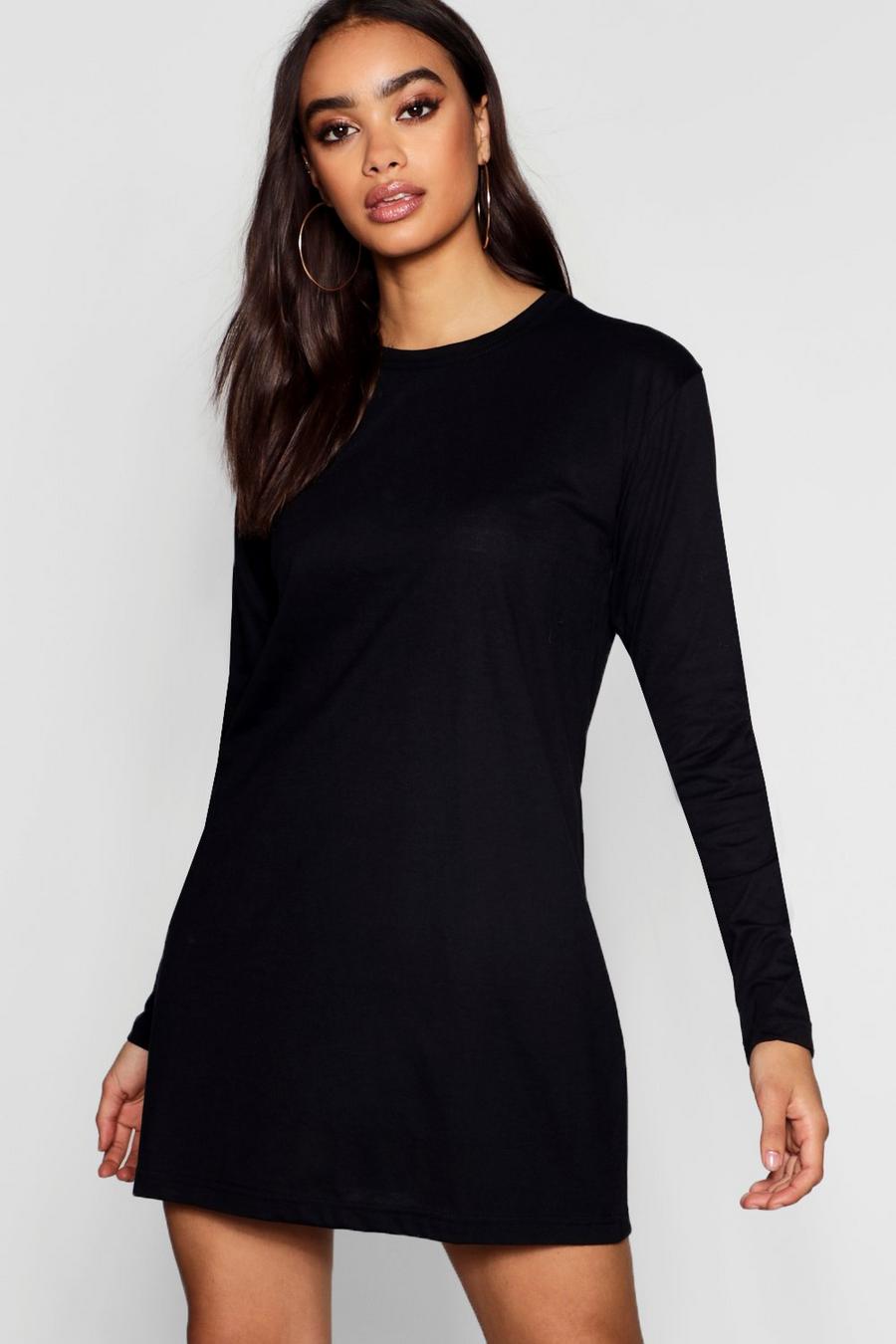 Black Cotton Long Sleeve Oversized T-Shirt Dress image number 1