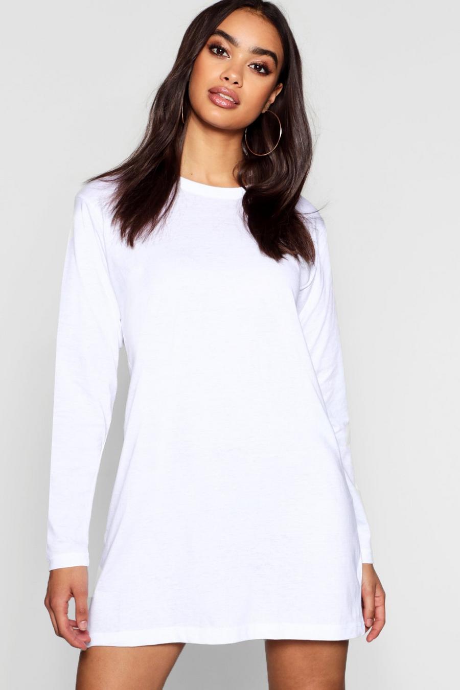 White Cotton Long Sleeve Oversized T-Shirt Dress image number 1