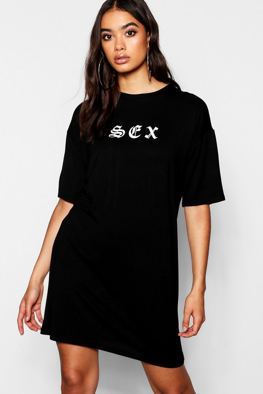 Oversized T-Shirt-Kleid mit Gothischem Slogan, Schwarz image number 1