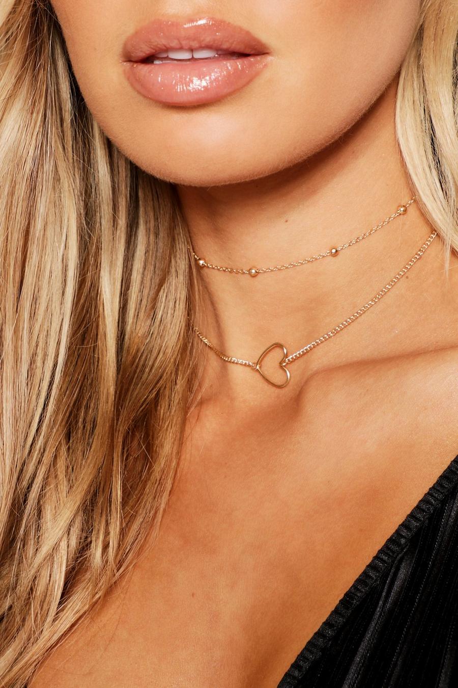 Gold metallic Heart & Chain Choker Pack Necklace