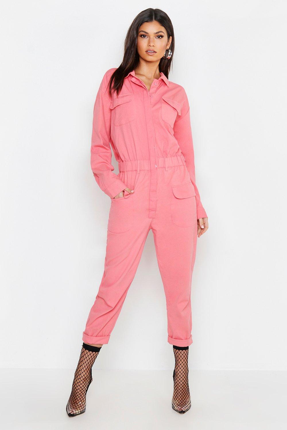 Women's Pink Utility Denim Boilersuit | Boohoo UK