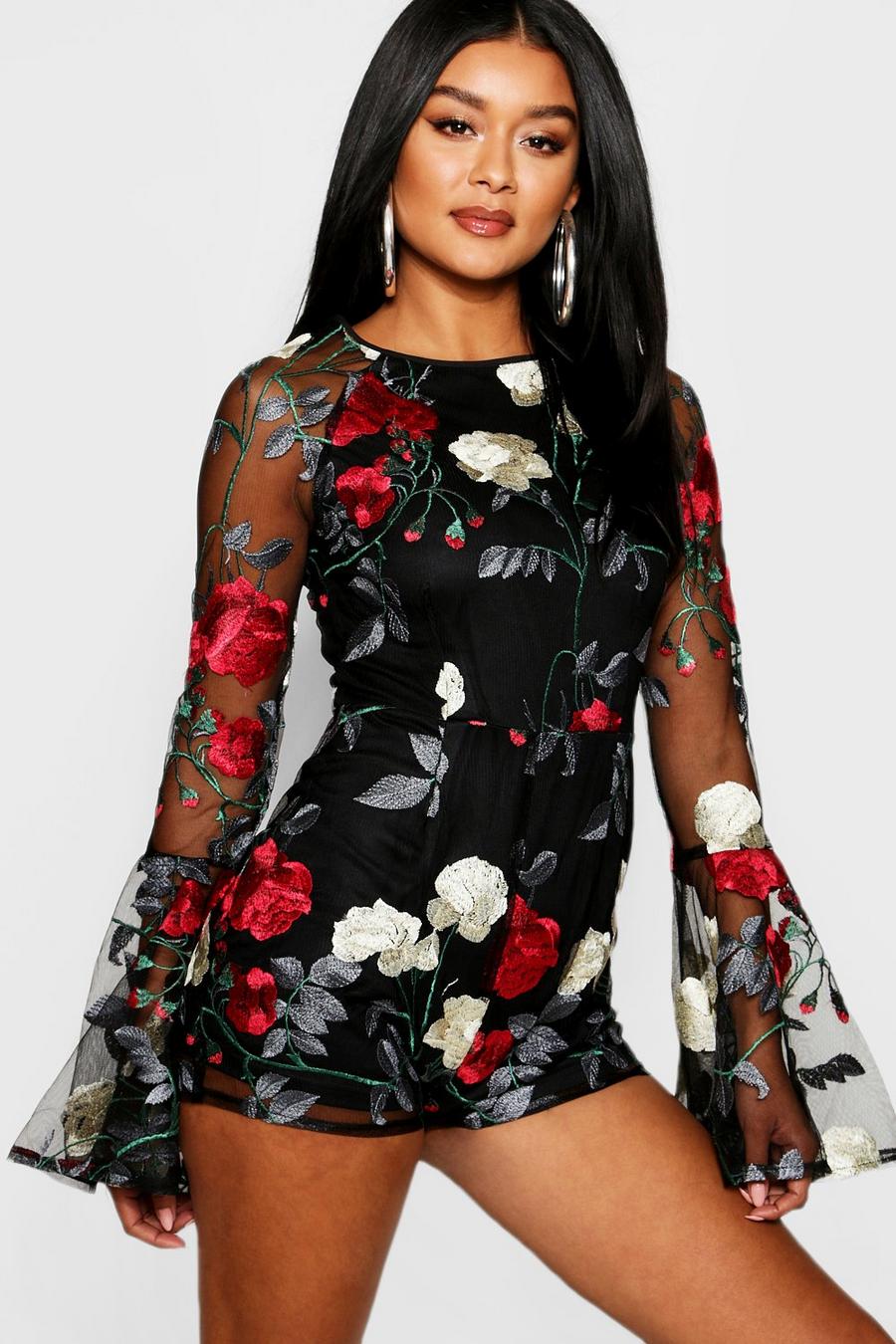 Embroidered Floral Flared Sleeve Playsuit image number 1