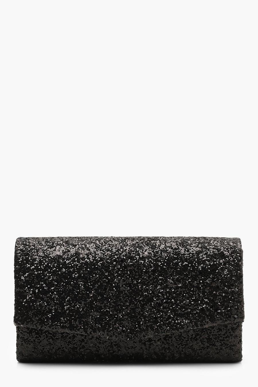 Black Structured Glitter Envelope Clutch Bag With Chain