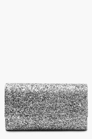 Structured Glitter Envelope Clutch Bag With Chain silver