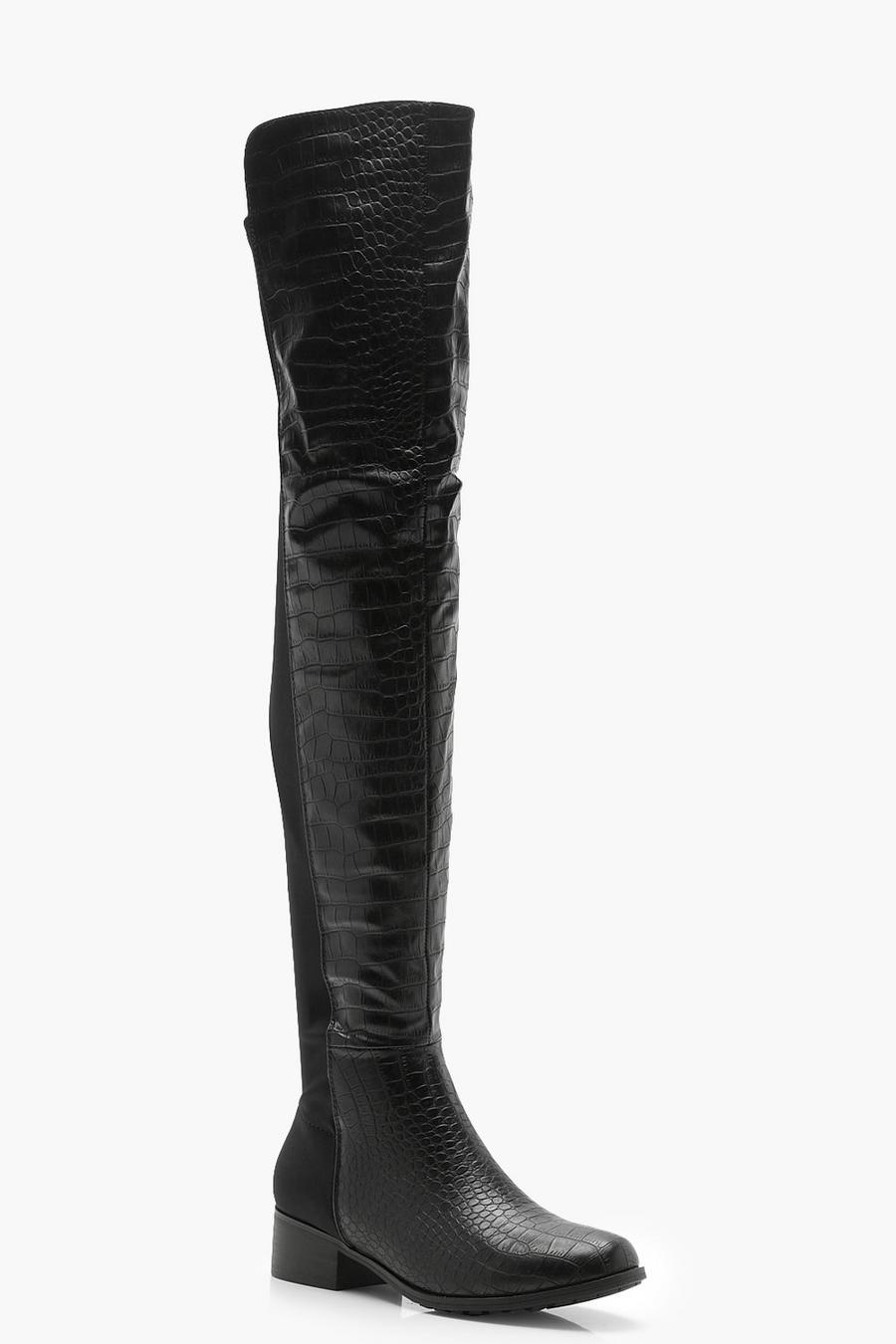 Black Croc Over The Knee High Boots image number 1