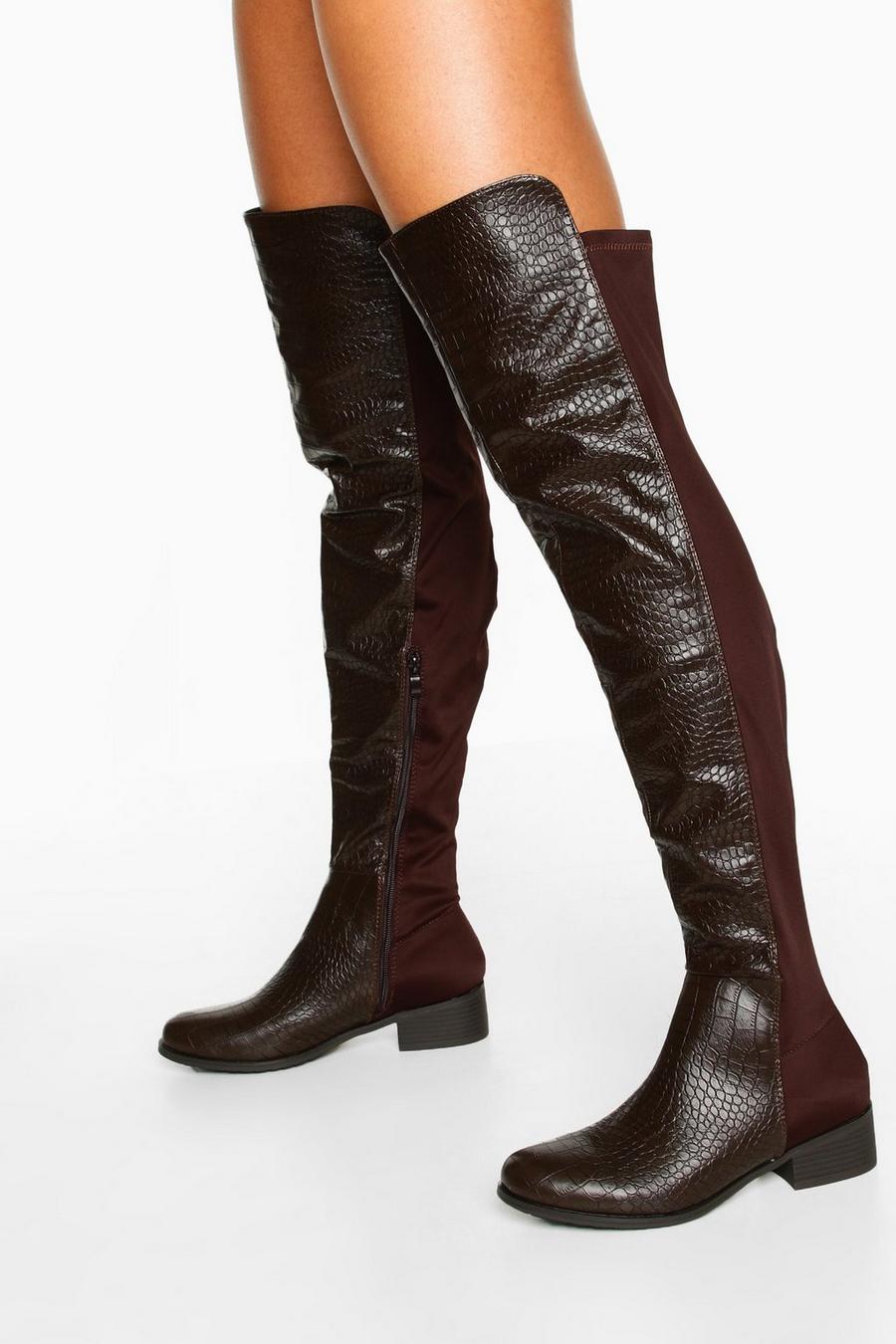 Chocolate Croc Over The Knee High Boots image number 1