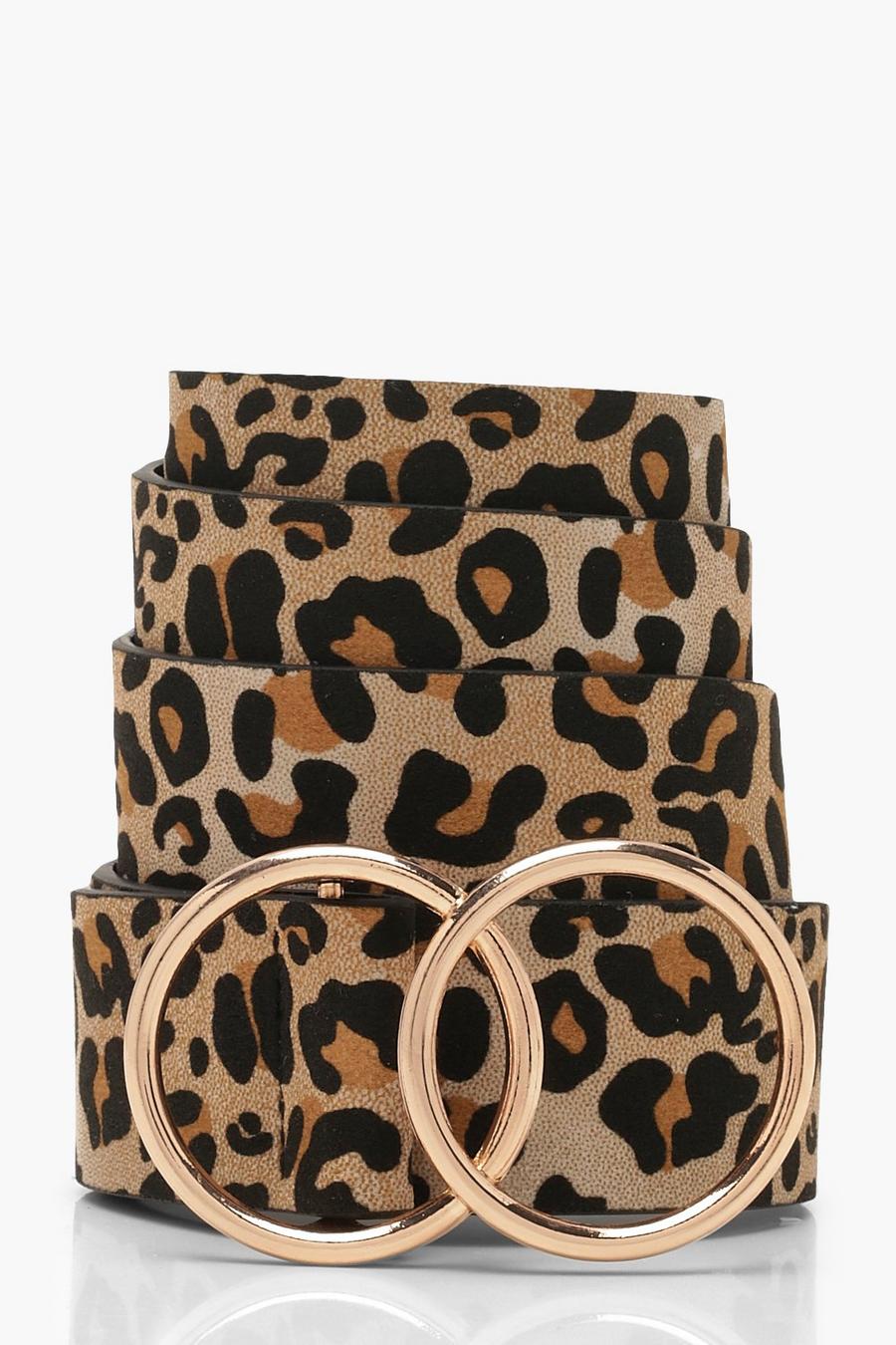 Cintura leopardata con fibbia a doppio anello color oro, Marrone marrón