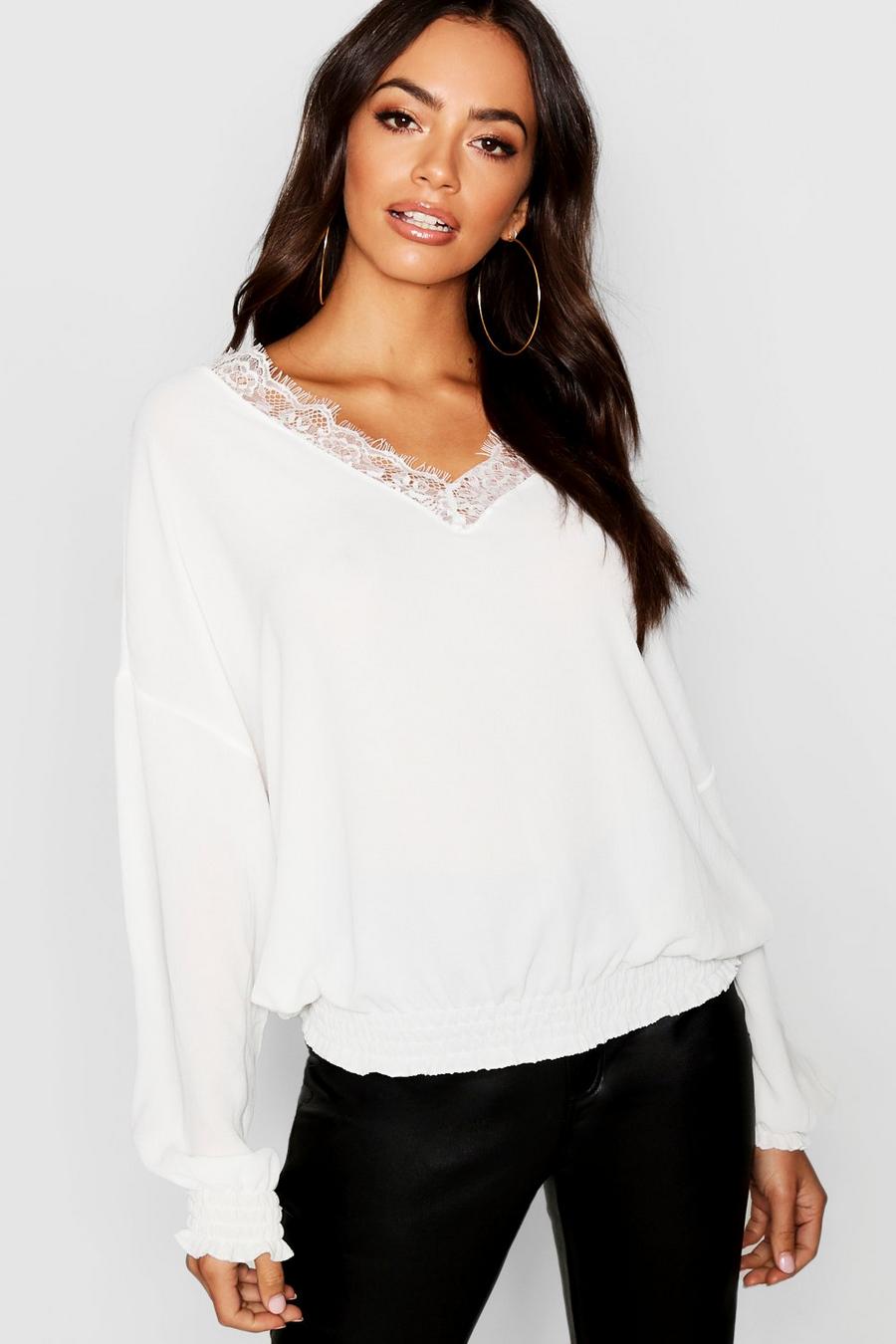 Ivory Lace V Neck Woven Blouse image number 1