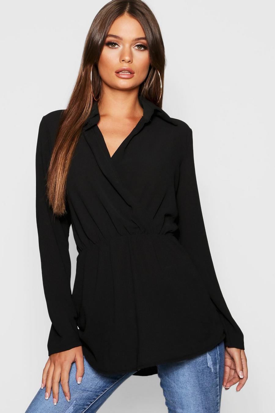 Woven Knot Front Collar Longline Blouse image number 1