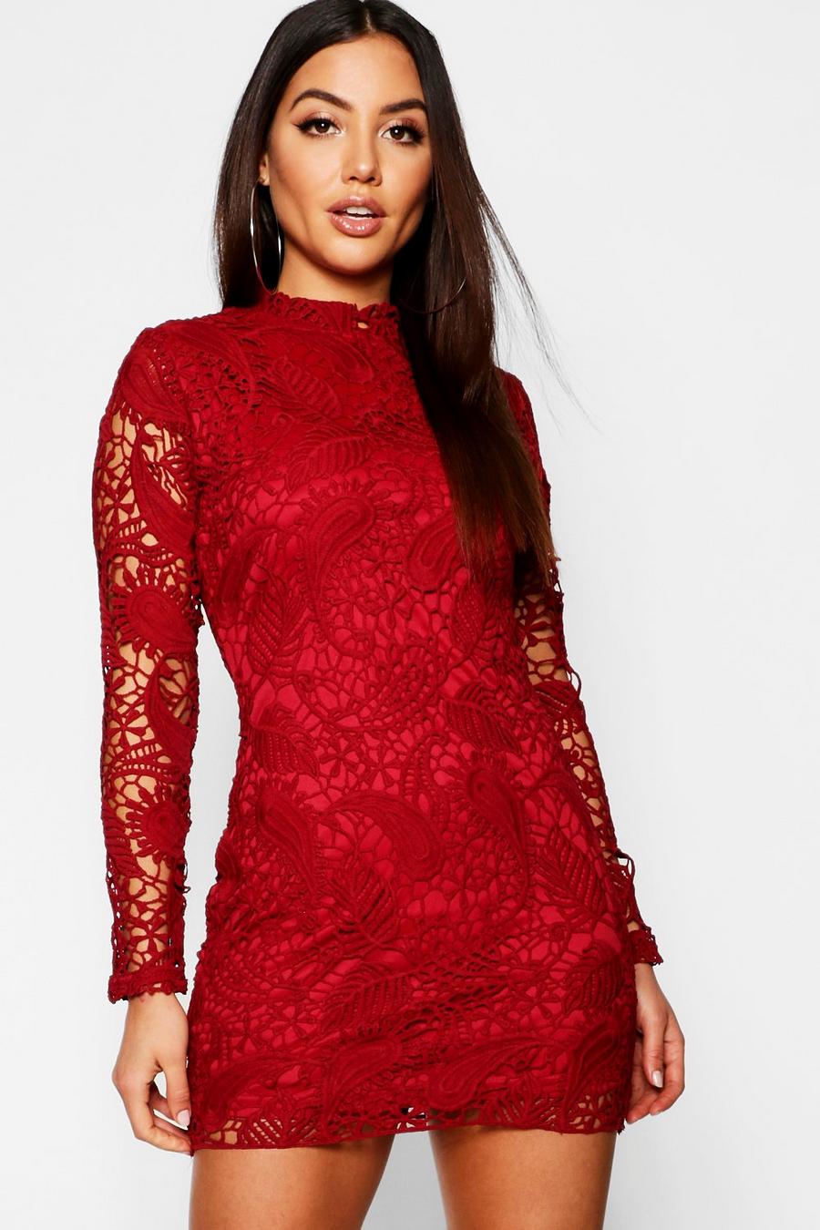 Berry Lace High Neck Long Sleeve Bodycon Dress image number 1