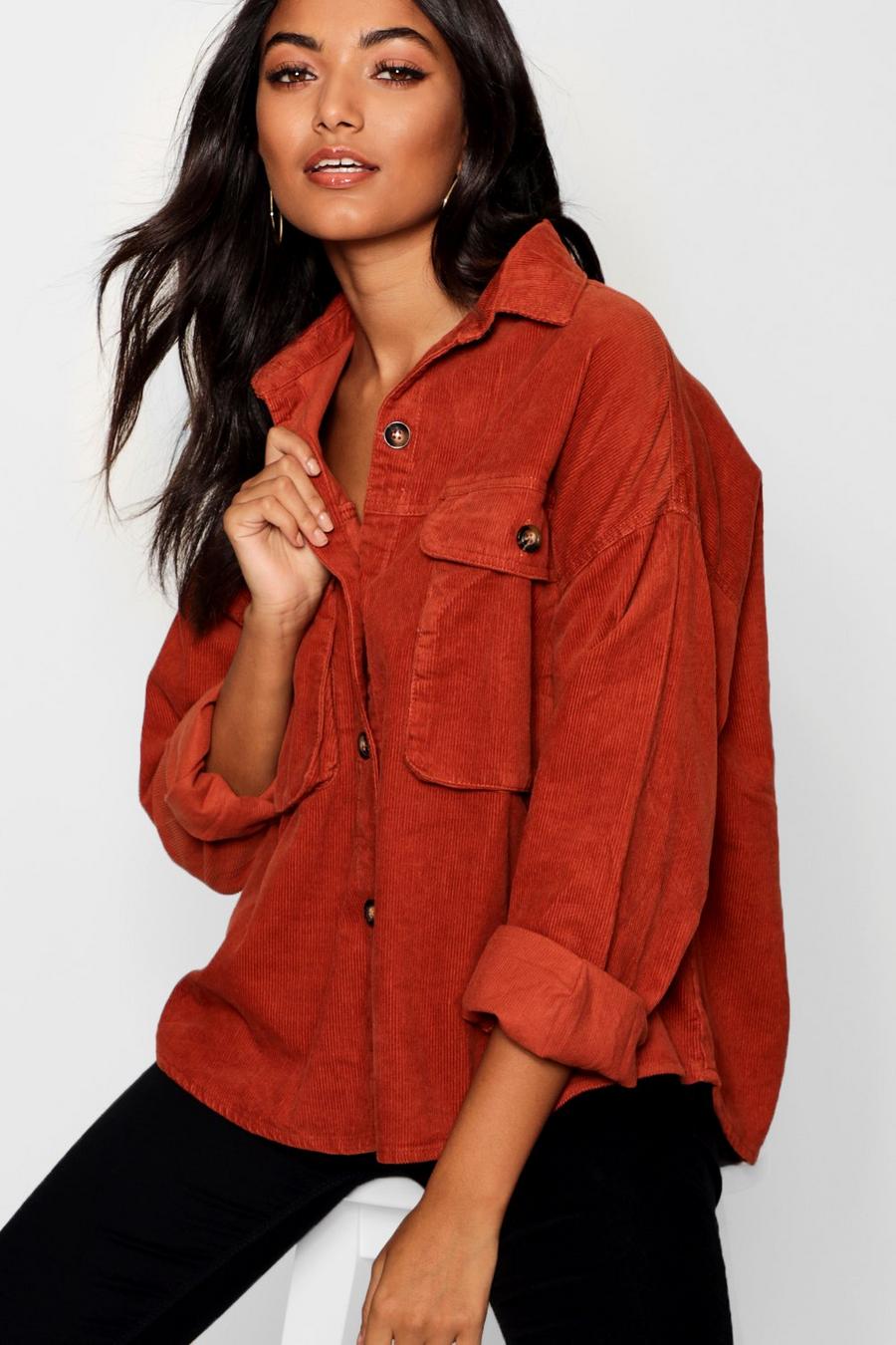 Rust Super Oversized Mock Horn Button Cord Shirt image number 1