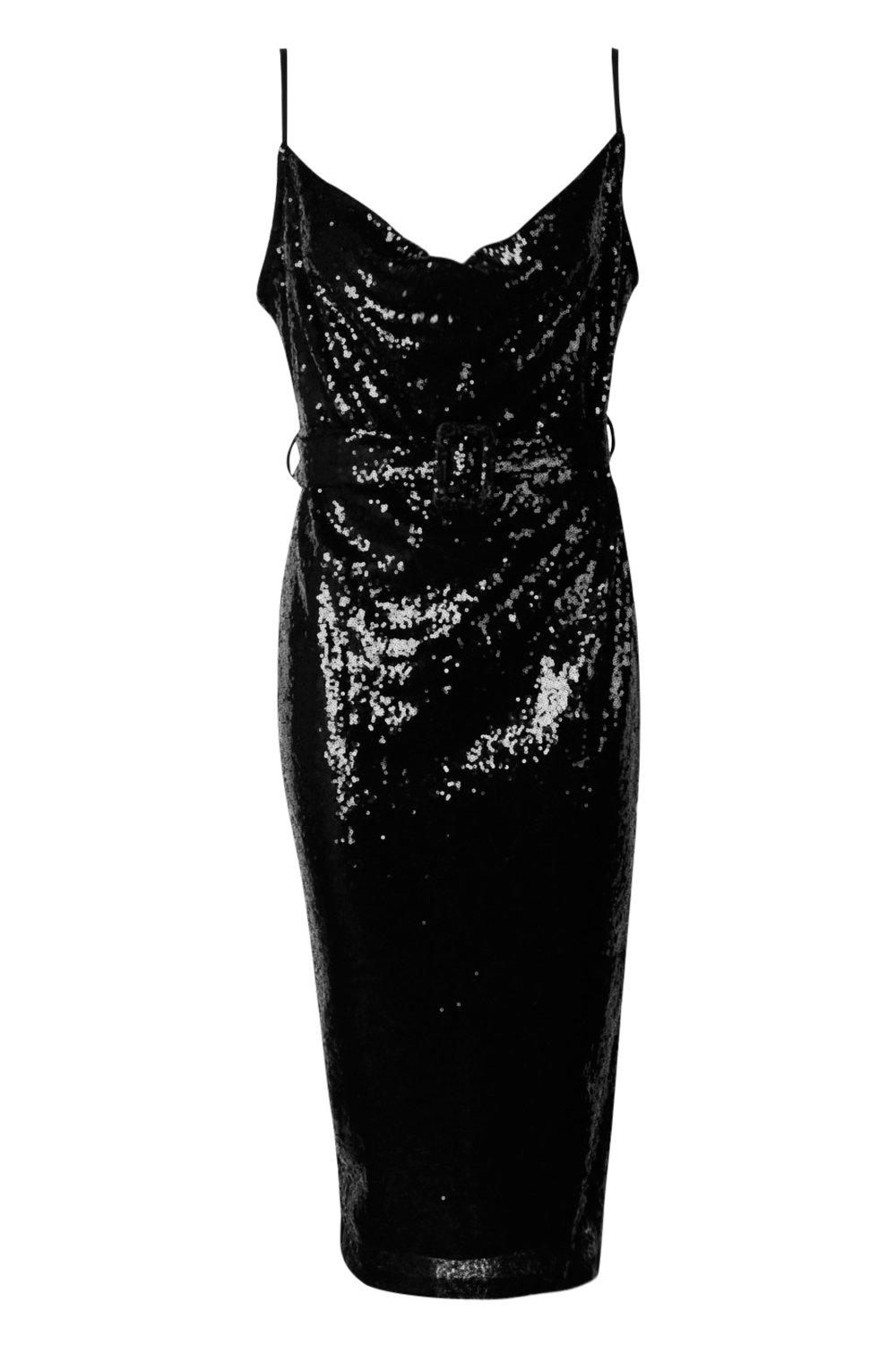 Black sequin cowl neck dress best sale