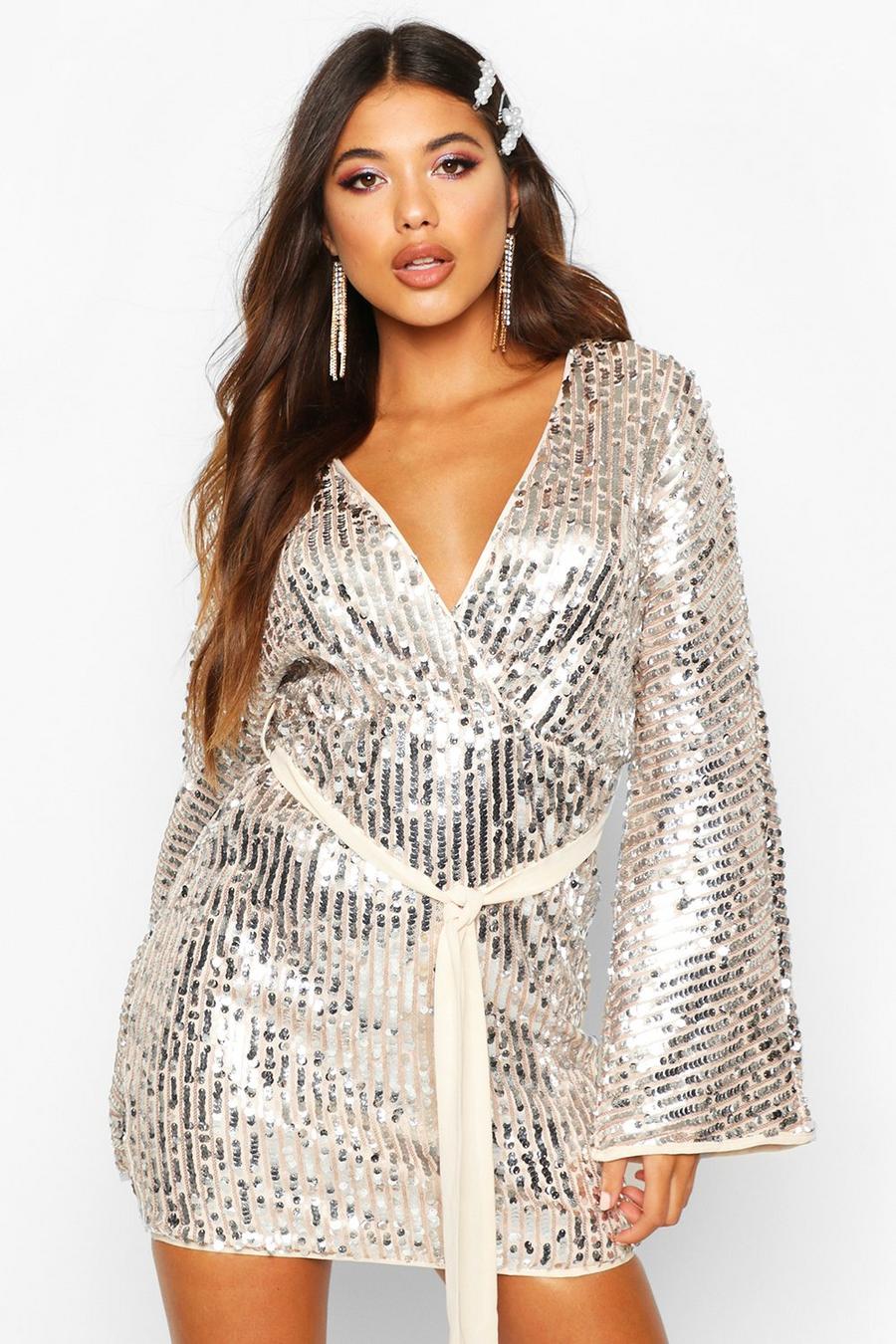 Silver Stripe Sequin Kimono Belted Bodycon Dress image number 1