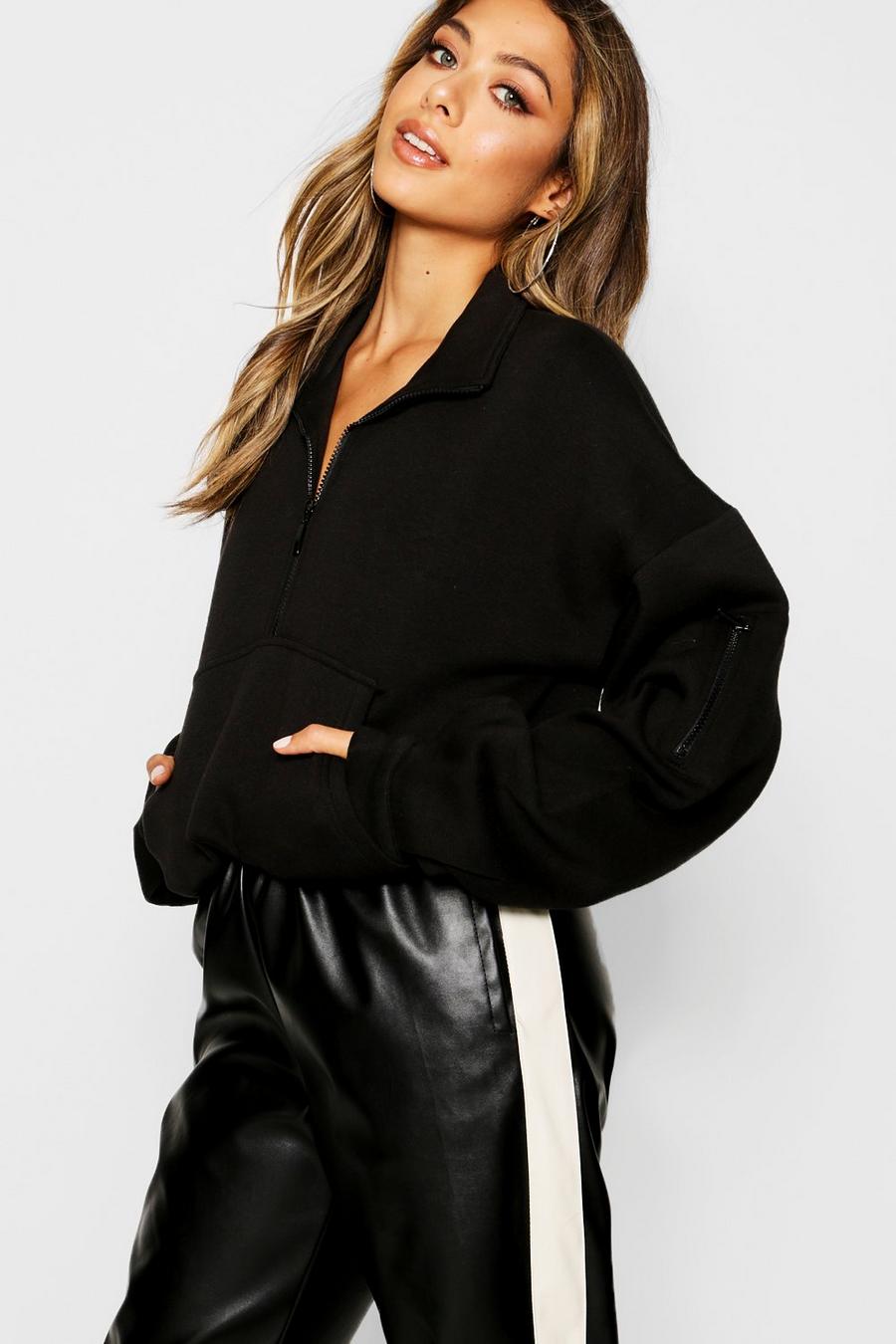 Black Zip Front Oversized High Neck Sweater image number 1
