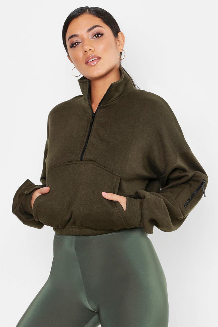 Hochgeschlossener Oversized-Pullover mit vorderseitigem Reißverschluss, Khaki image number 1