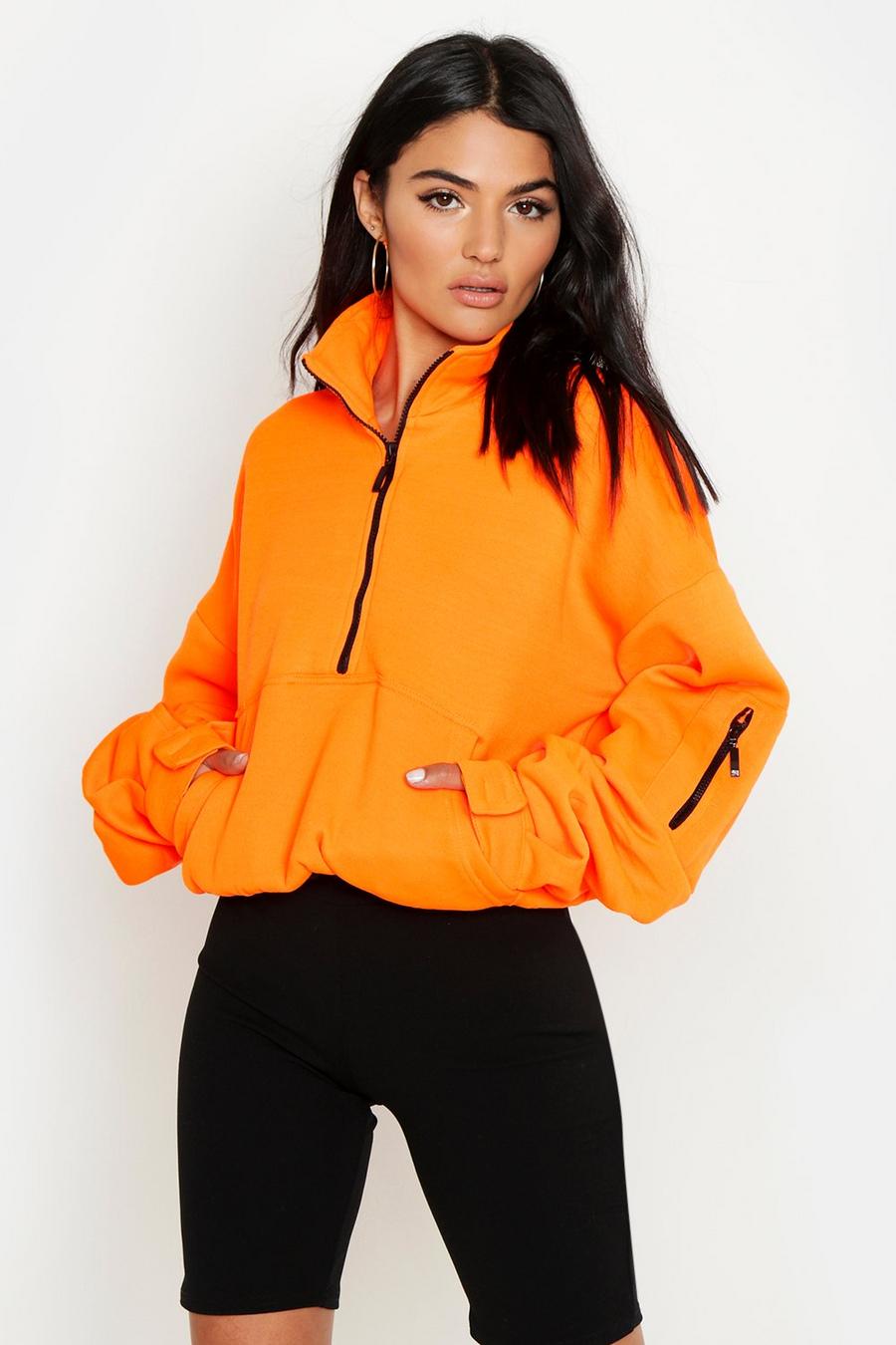 Neon-orange Zip Front Oversized High Neck Sweater image number 1