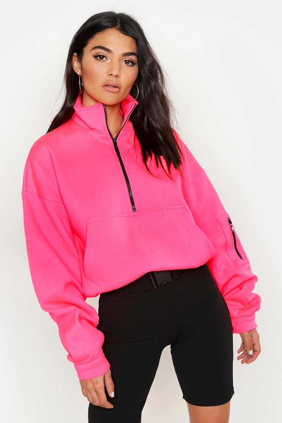 Neon-pink Zip Front Oversized High Neck Sweater image number 1