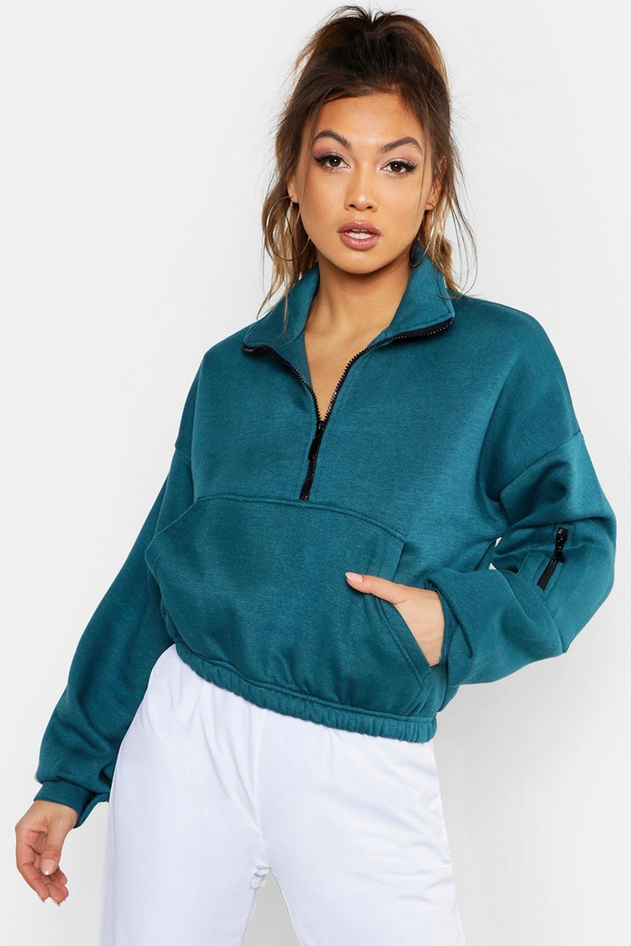 Teal Zip Front Oversized High Neck Sweater image number 1