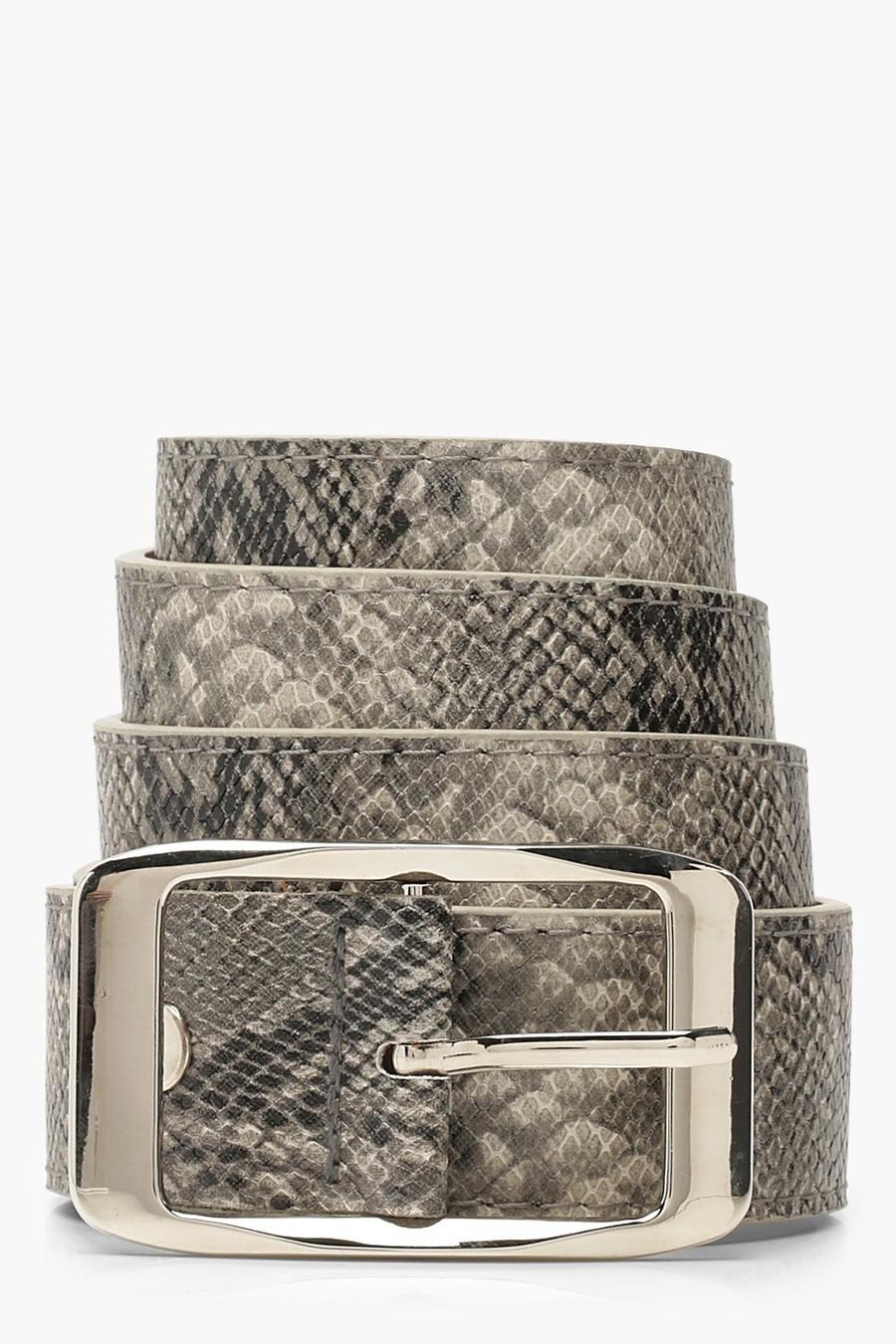 Cintura in pelle di serpente sintetica con fibbia in argento, Nero image number 1