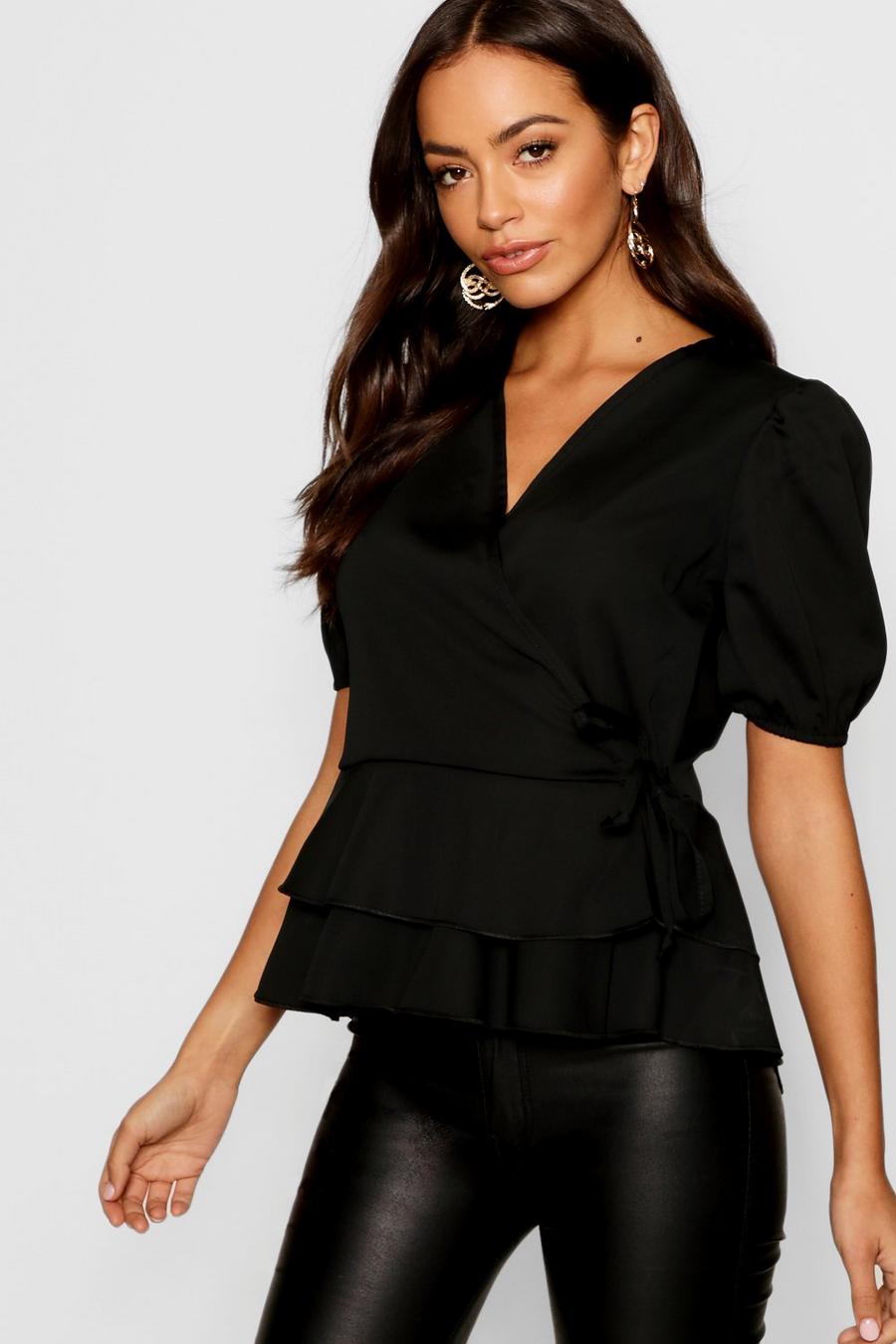 Puff Sleeve Frill Peplum V Neck Top image number 1