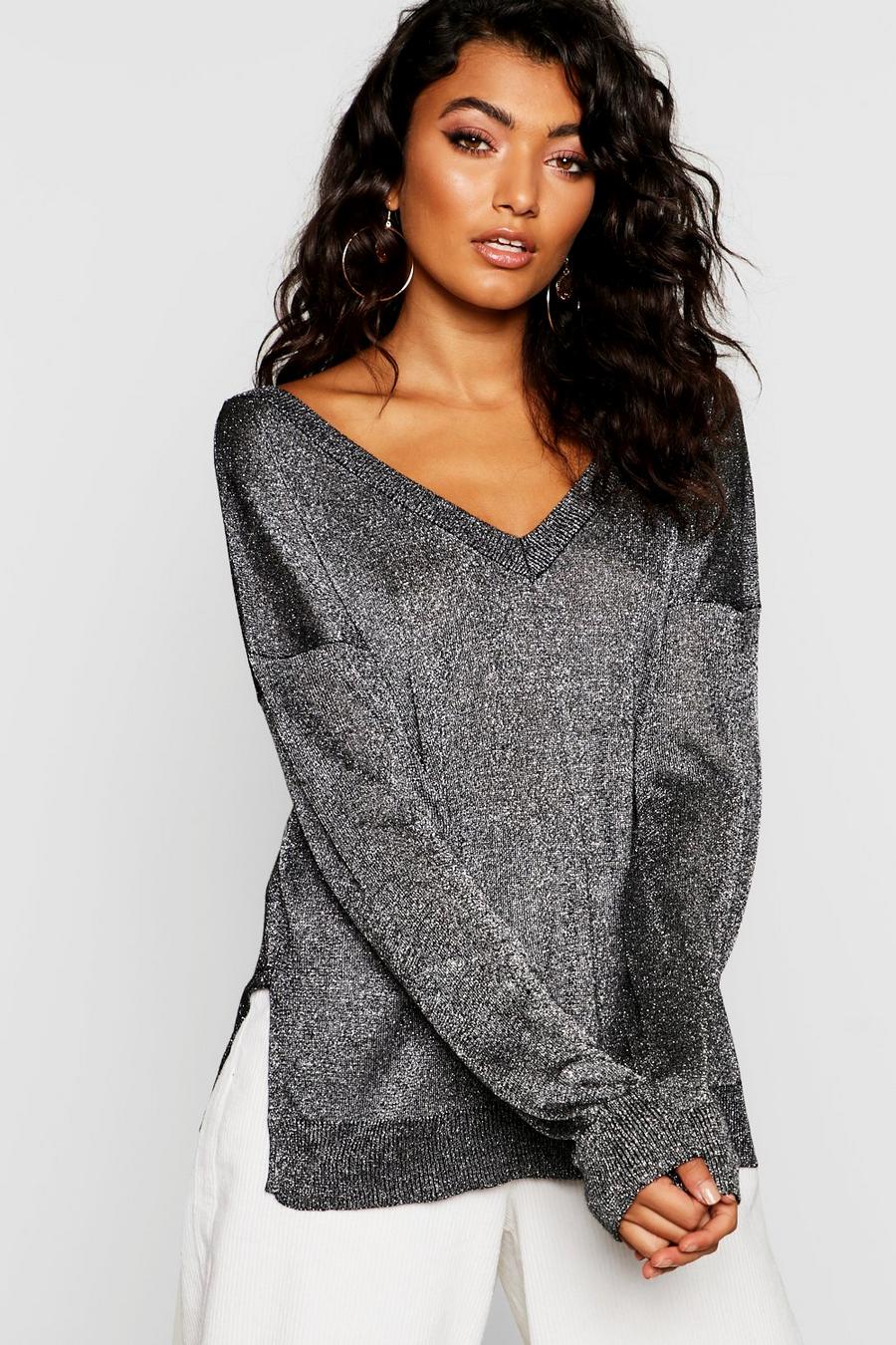 Metallic Sweater With V Neck image number 1