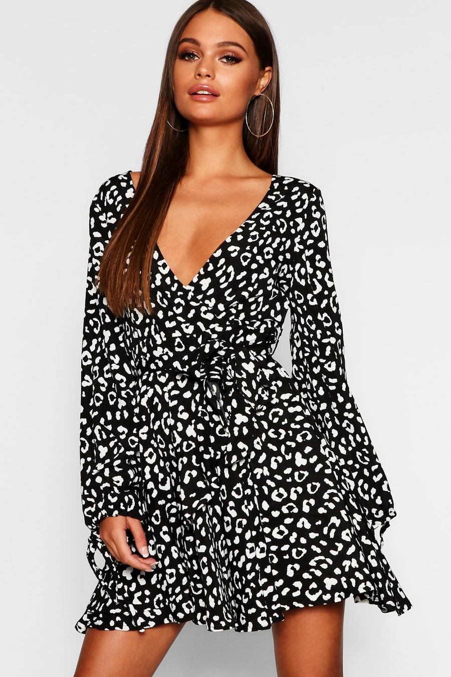 Black svart Ruffle Front Tie Sleeve Leopard Print Tea Dress
