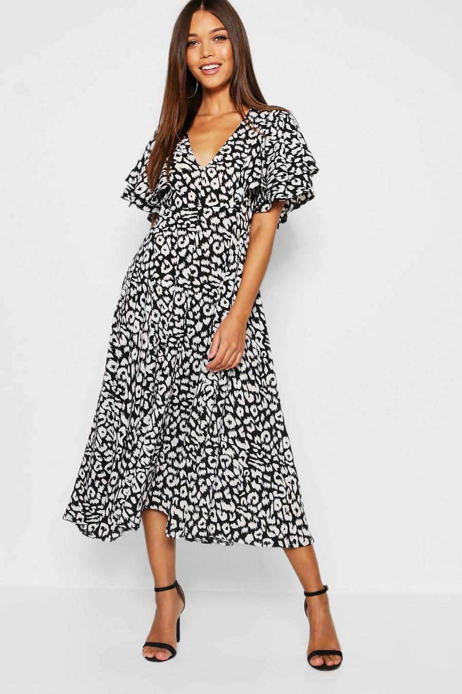 Leopard Print Ruffle Angel Sleeve Midi Dress image number 1