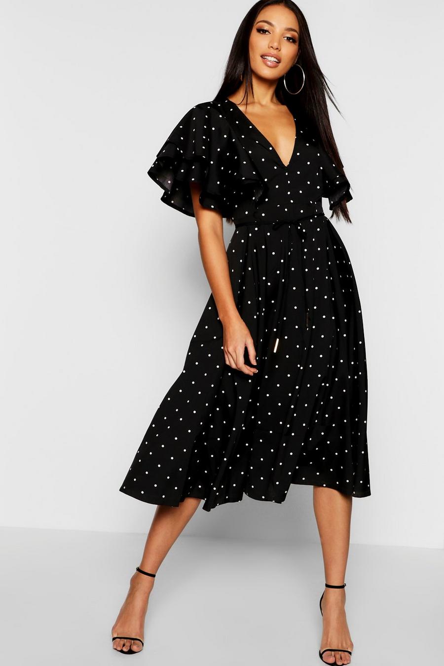 Black Mini Polka Dot Ruffle Angel Sleeve Midi Dress image number 1