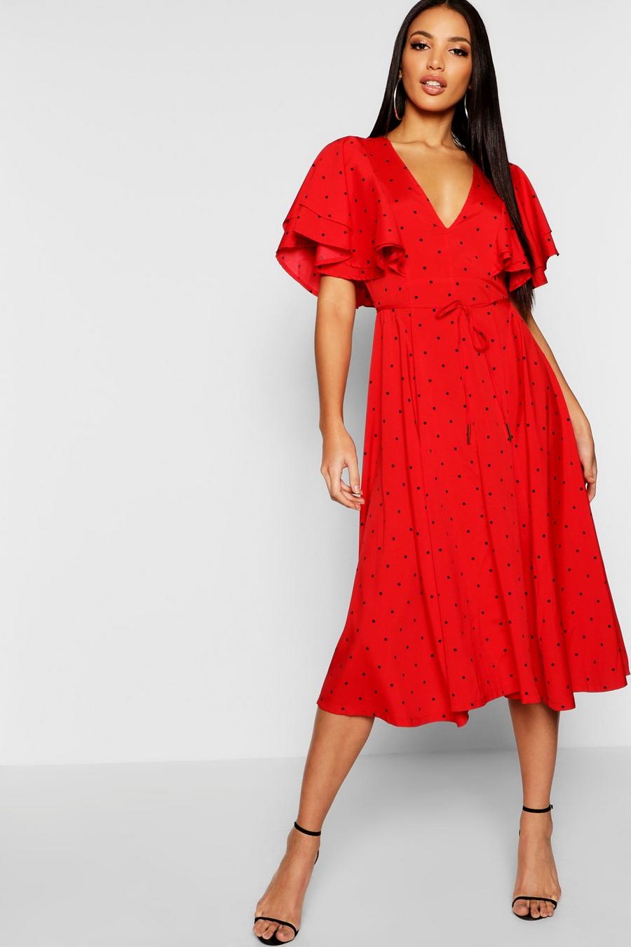 Red Mini Polka Dot Ruffle Angel Sleeve Midi Dress