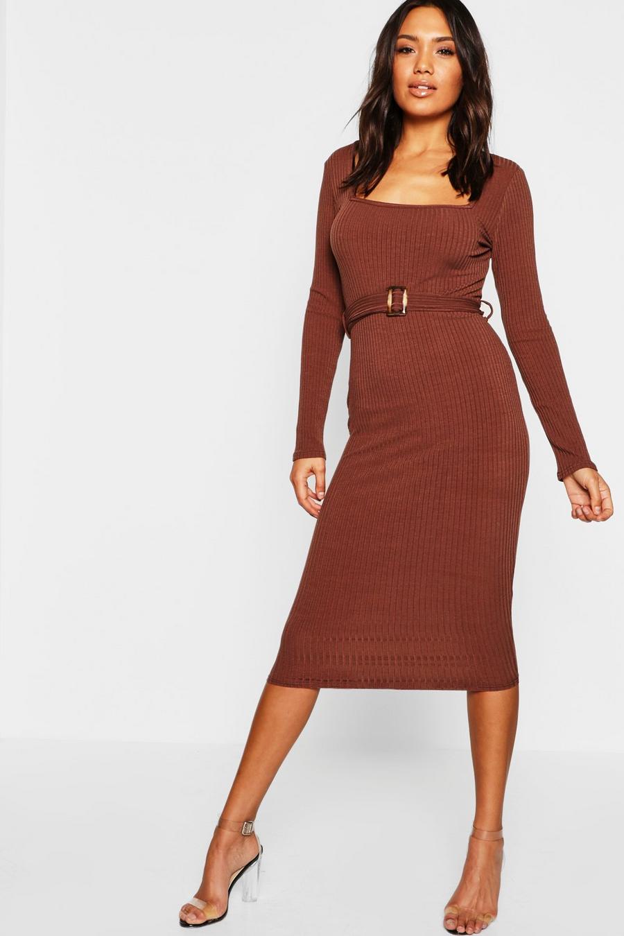 Tortoise Shell Buckle Ribbed Midi Dress image number 1