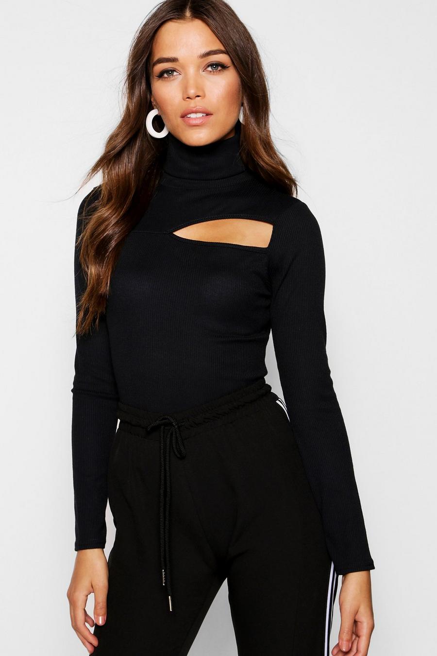 Black Roll Neck Rib Knit Cut Out Top image number 1