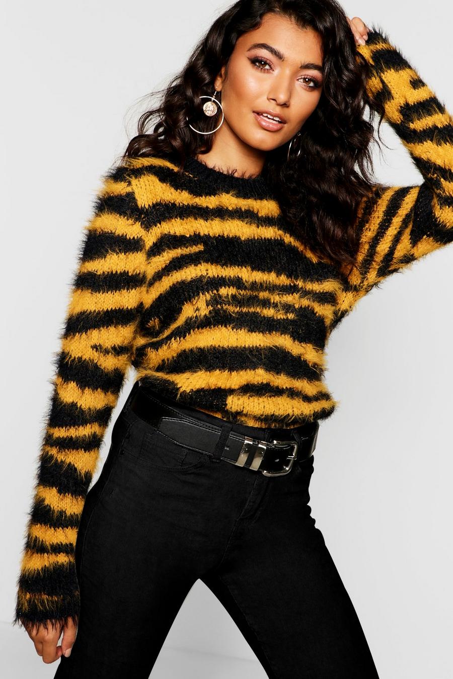 Pullover aus flauschigem Strick in Tiger-Print, Gelb image number 1