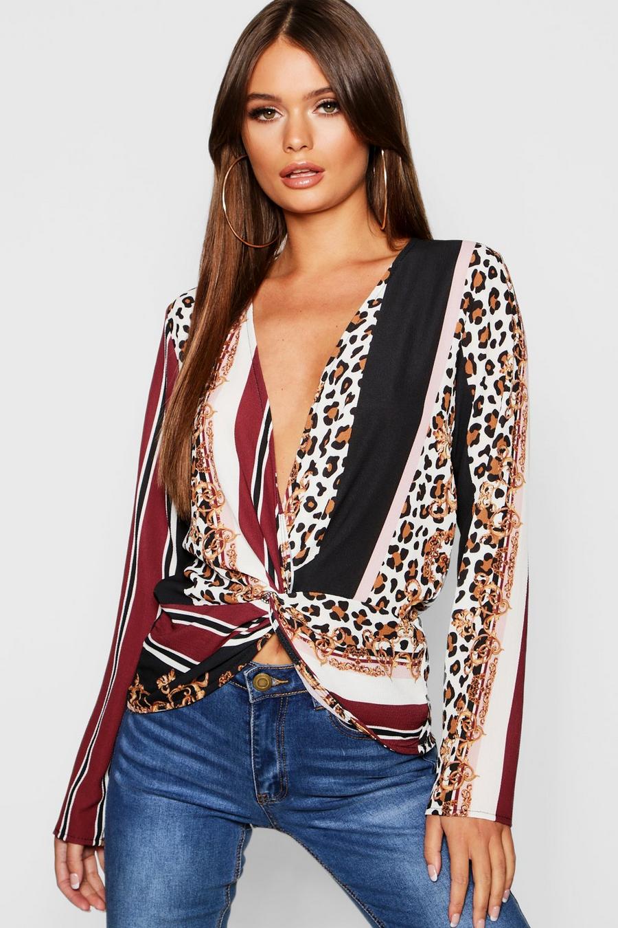 Wine Mix Chain Print Twist Blouse image number 1