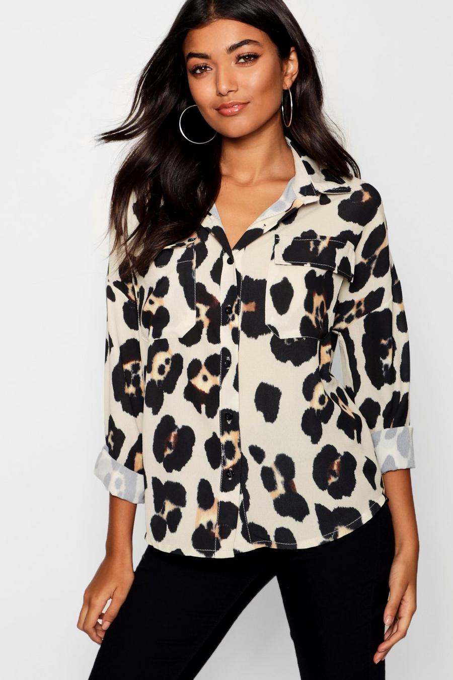 Cream Leopardmönstrad skjorta med fickor image number 1