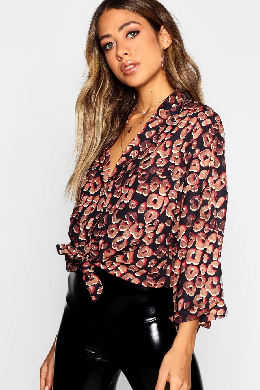 Mixed Leopard Revere Collar Oversized Shirt image number 1