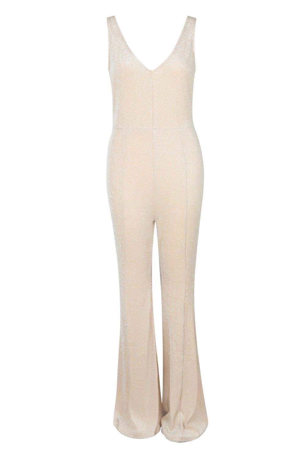 Glitter Flare Plunge Jumpsuit boohoo UK