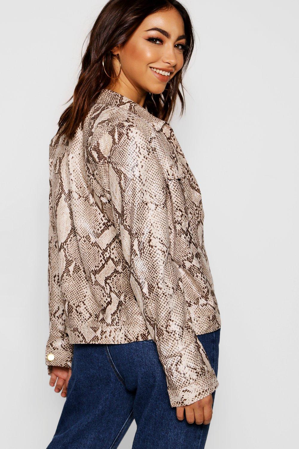 Women s Snake Print Leather Look Trucker Jacket Boohoo UK