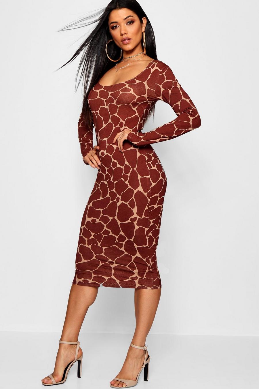 Chocolate brun Giraffe Square Neck Bodycon Midi Dress image number 1