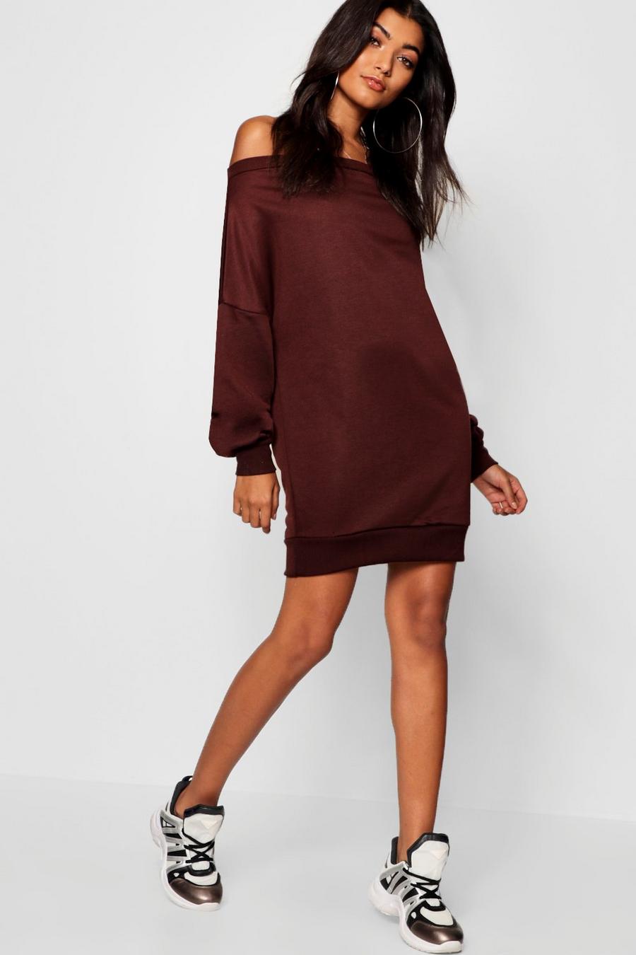 Chocolate Off Shoulder Oversized Sweatshirt Dress image number 1